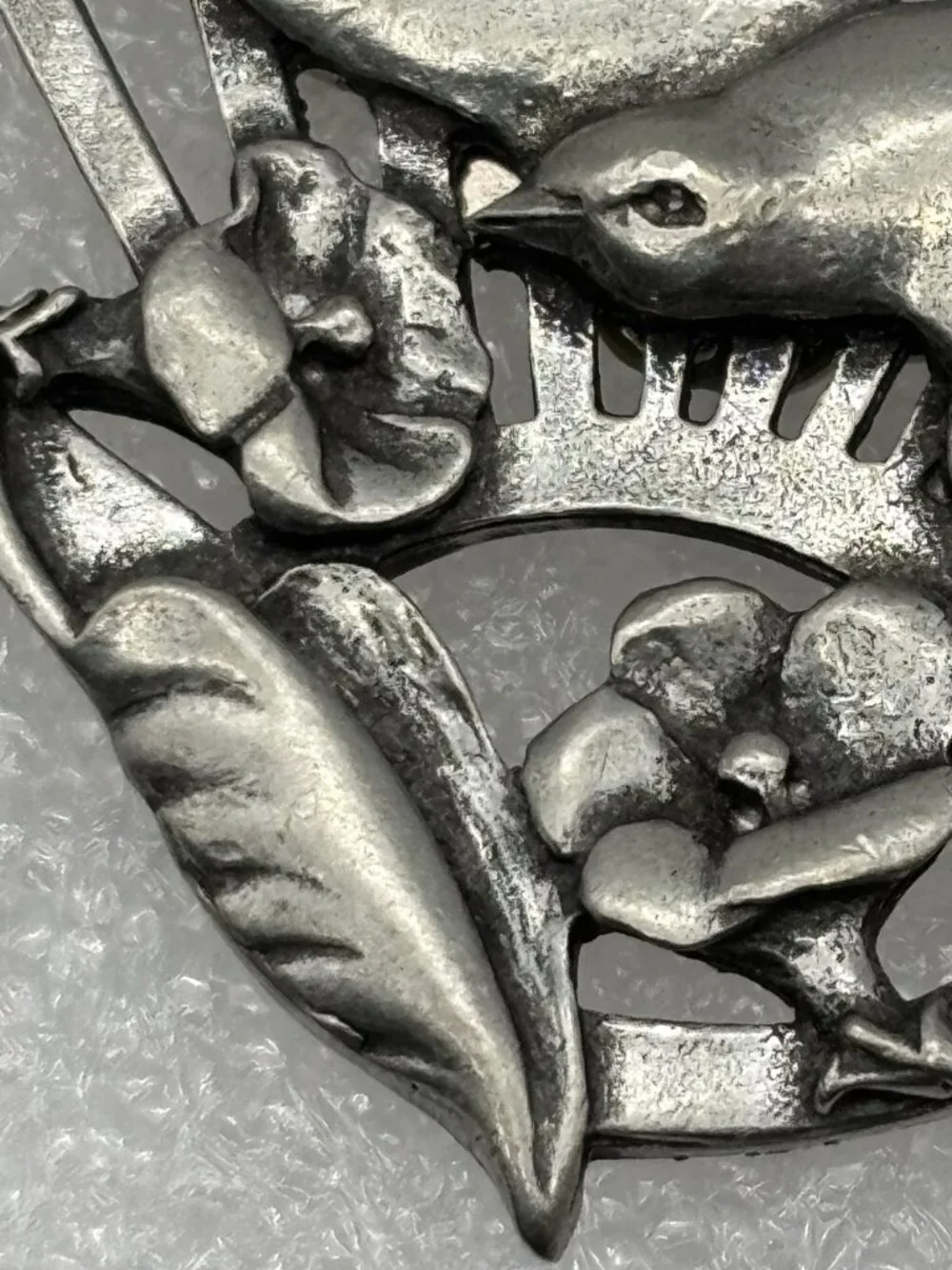 Vintage Bird in Flight Floral Fan Brooch Seagull Pewter Canada Late 1980s Signed